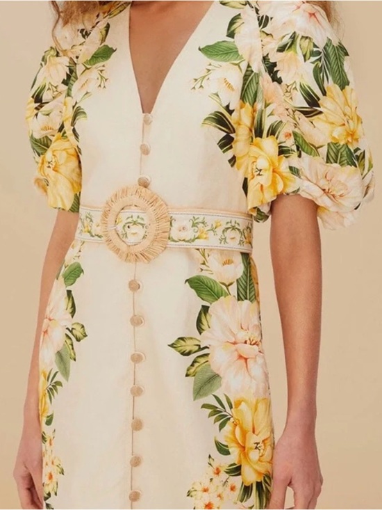 FARM Rio Dresses & Skirts - FARM Rio Cream Mini Dress with Yellow Floral Print and Puff Sleeves